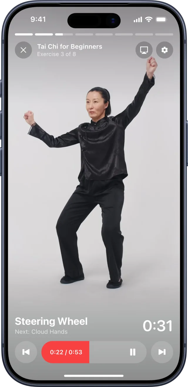 The Slimly player during a tai chi lesson, Steering Wheel: a woman in a black tai chi suit with one arm raised